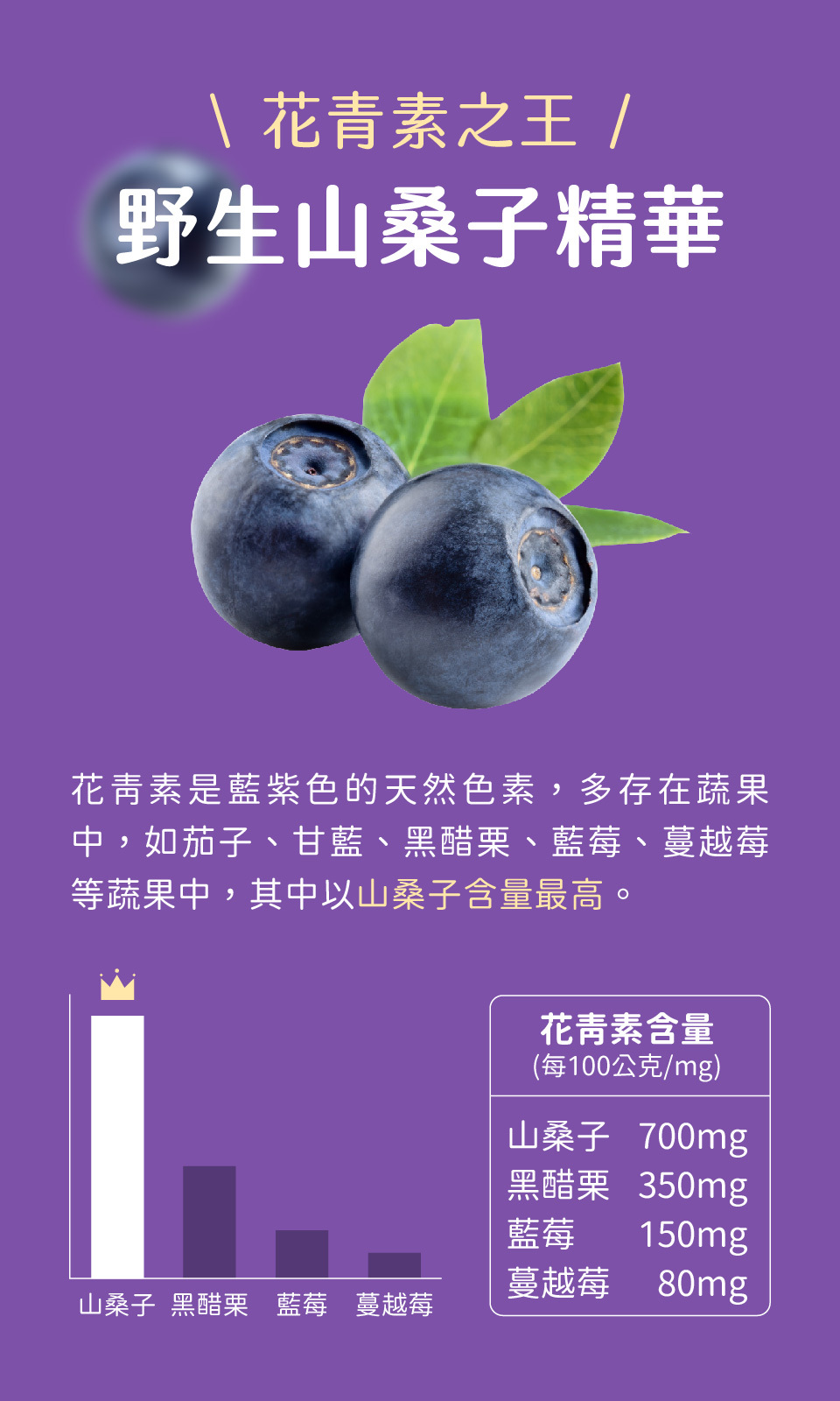 花青素是藍紫色的天然色素，多存在於蔬果中，如藍莓或蔓越莓等，其中以山桑子的花青素含量最高，是天然的花青素之王