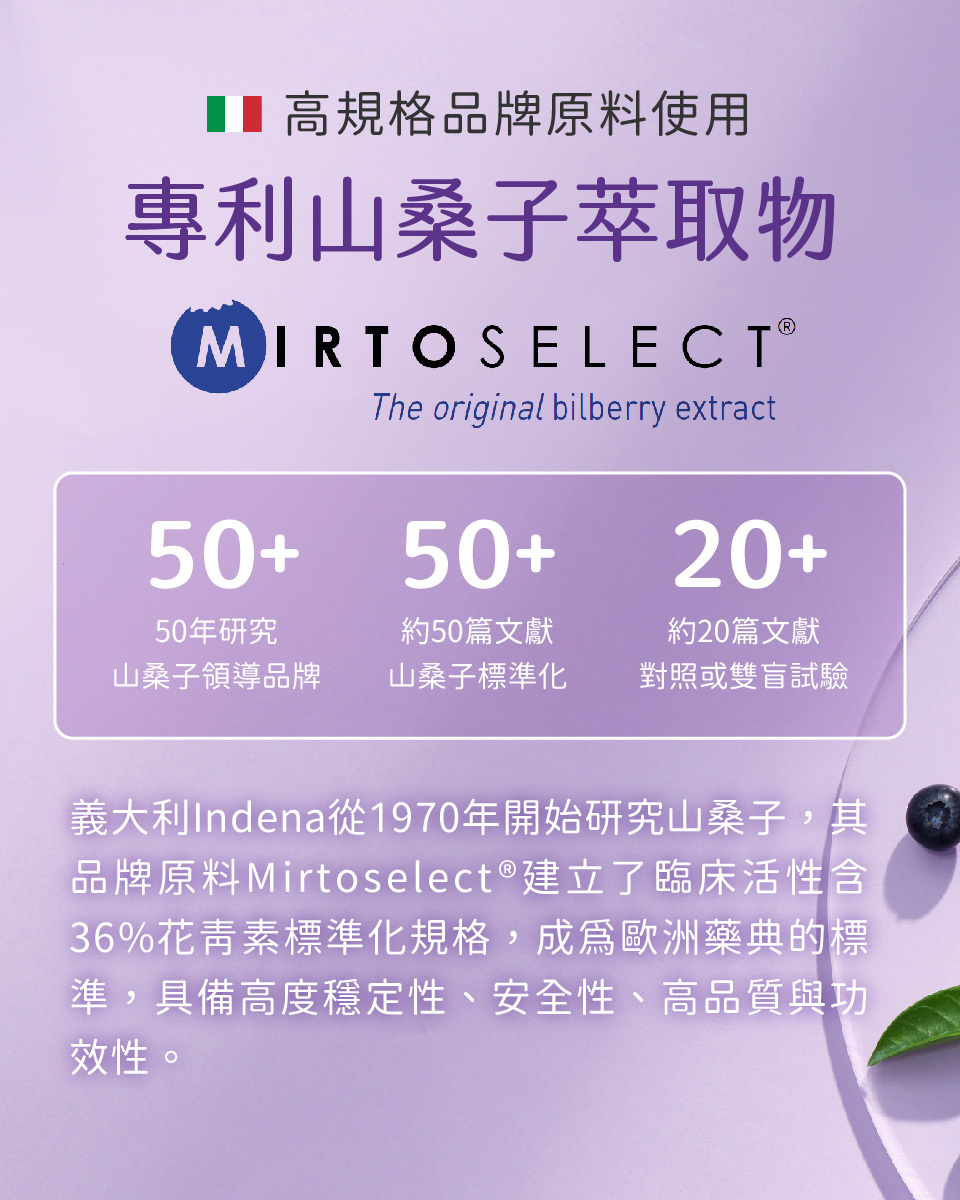 美天美點山桑子錠選用高規格品牌原料，是山桑子原料的領導品牌，建立了臨床活性含36%花青素標準化規格