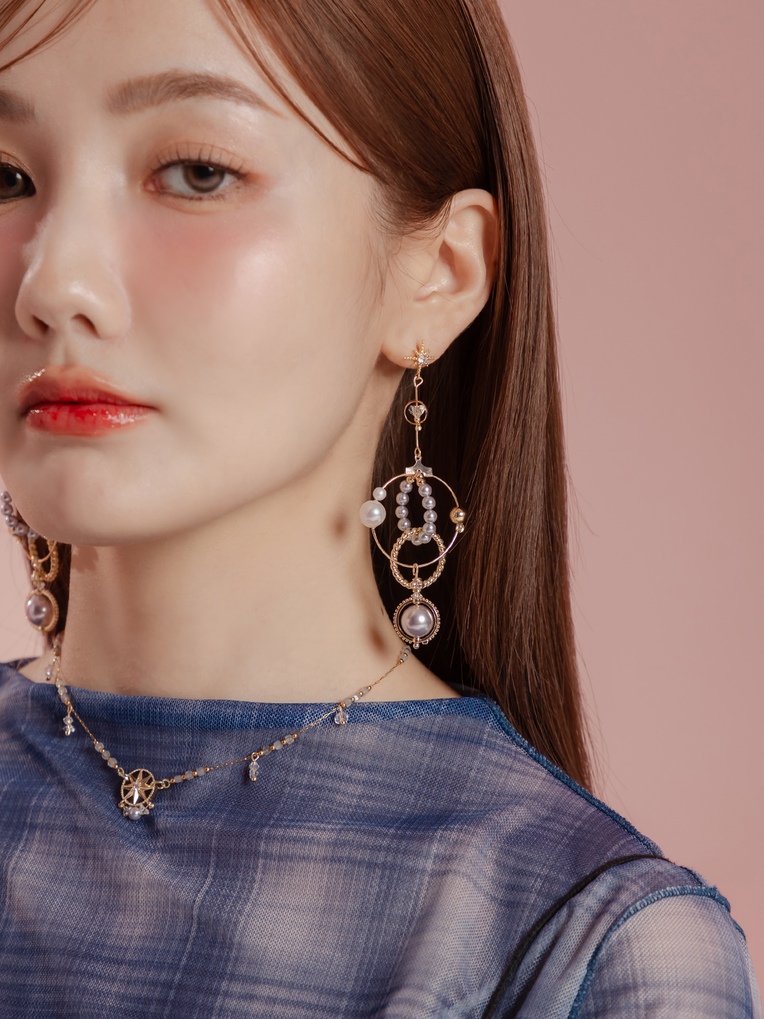 迷因佩斯。MUCHAT手作14+18KGP珍珠星芒純銀針耳環