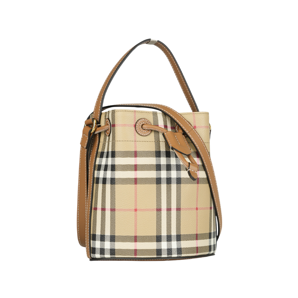 【BURBERRY】格紋帆布及皮革迷你水桶包
