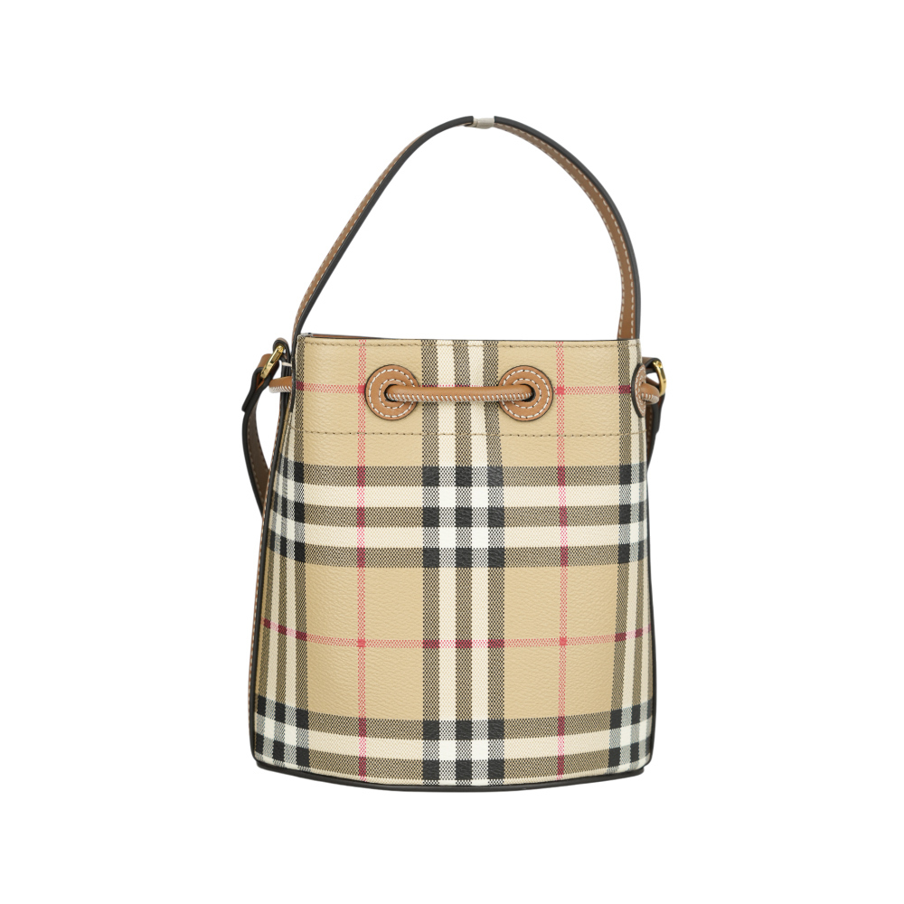 【BURBERRY】格紋帆布及皮革迷你水桶包(經典米色/石楠木棕) 8100486 A9534