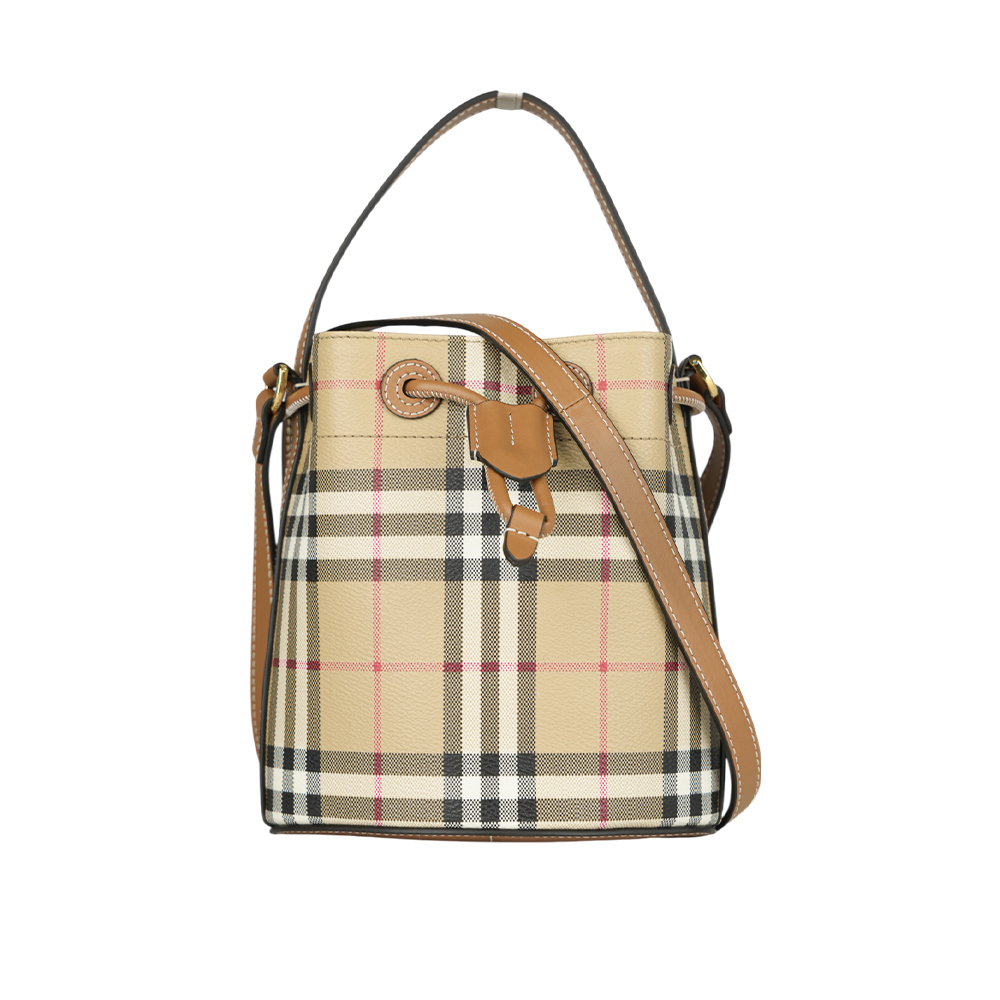 【BURBERRY】格紋帆布及皮革迷你水桶包(經典米色/石楠木棕) 8100486 A9534