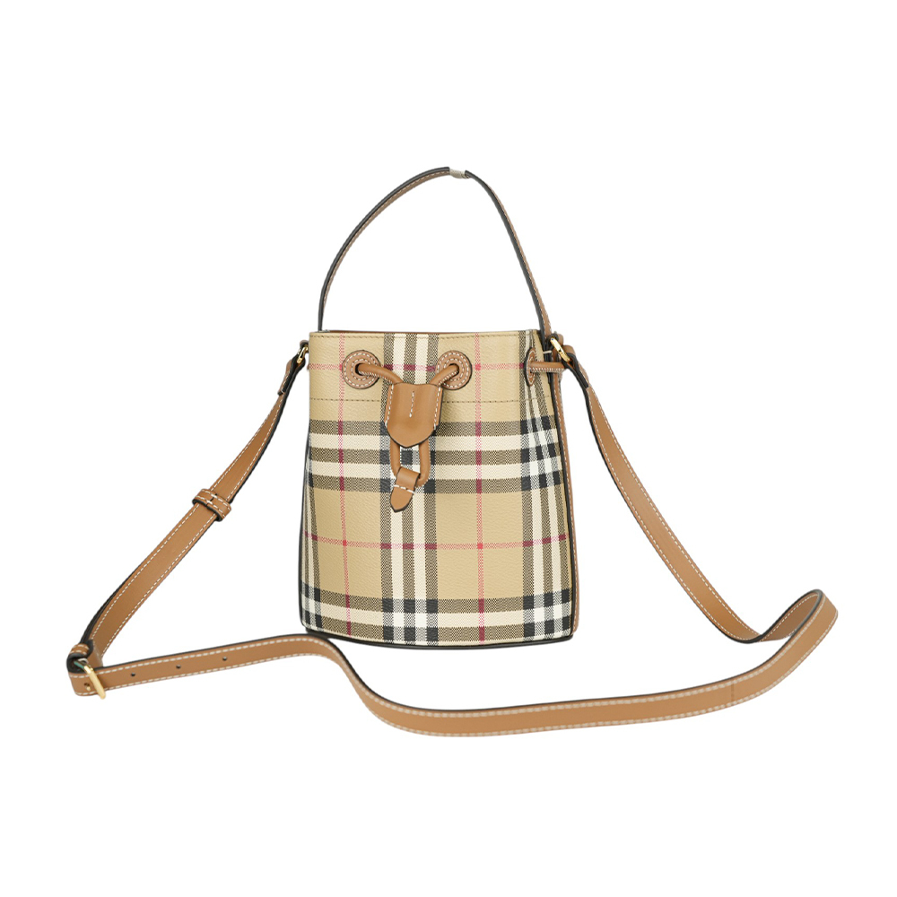 【BURBERRY】格紋帆布及皮革迷你水桶包(經典米色/石楠木棕) 8100486 A9534