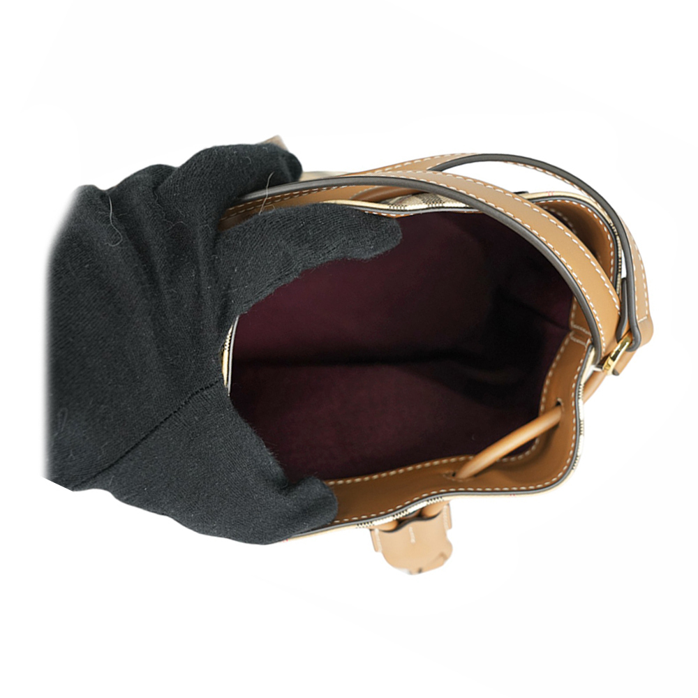 【BURBERRY】格紋帆布及皮革迷你水桶包(經典米色/石楠木棕) 8100486 A9534