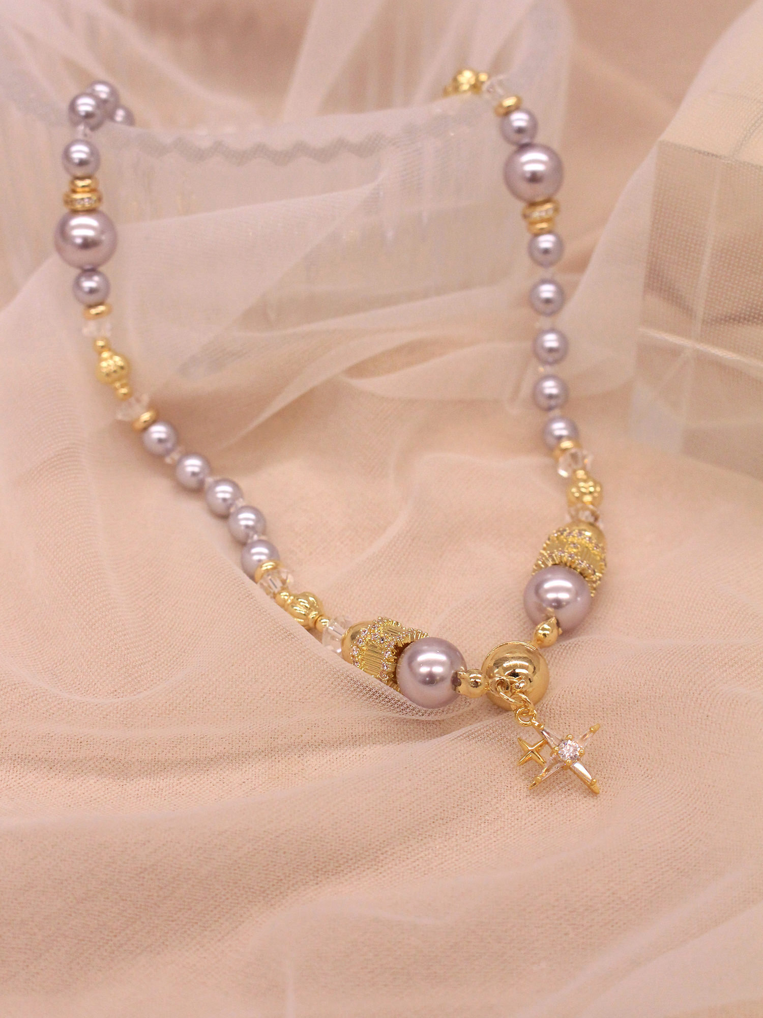 迷因佩斯。MUCHAT手作14KGP珍珠星芒鋯石項鍊