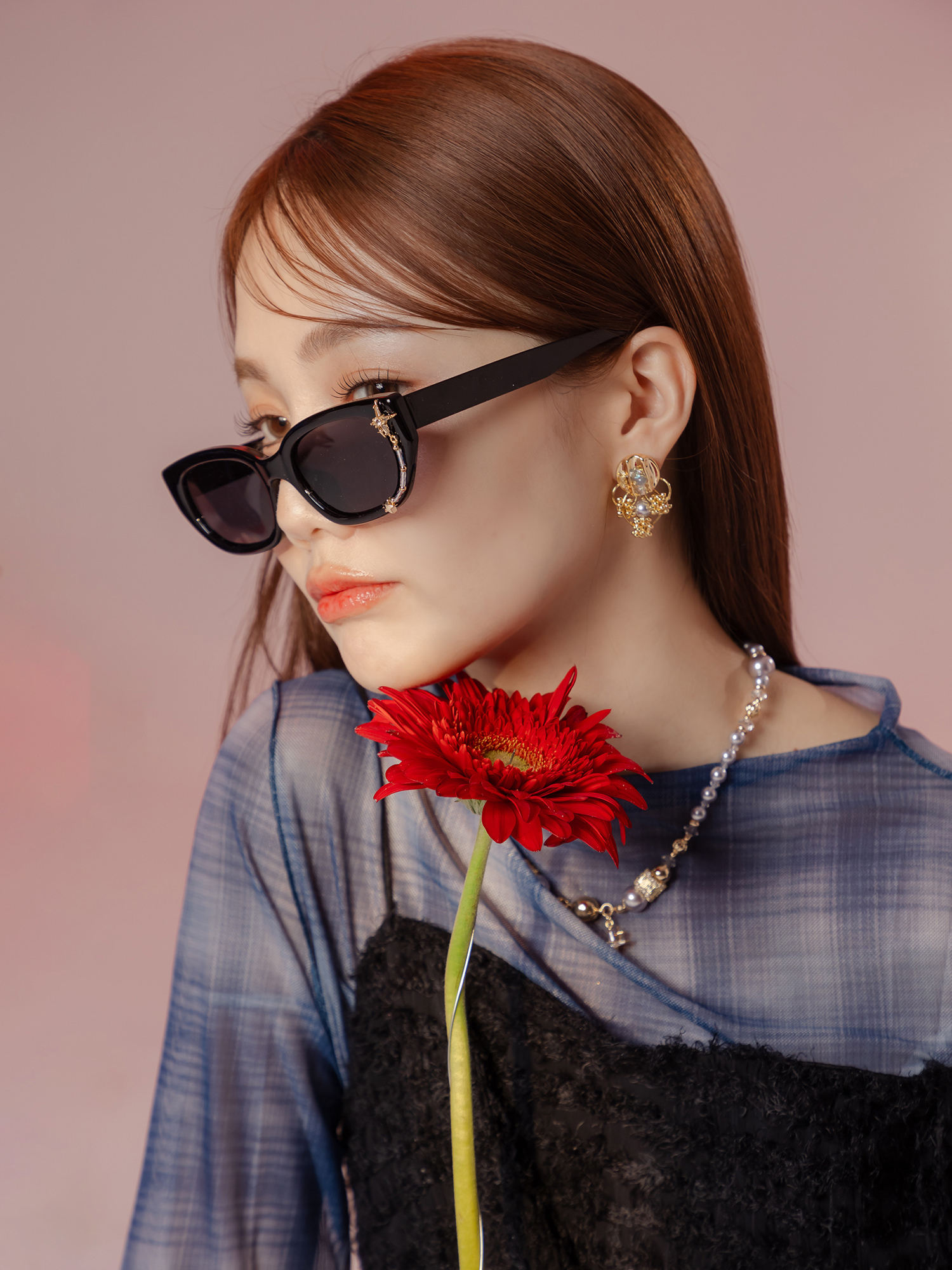 迷因佩斯。MUCHAT手作14KGP幾何水晶珍珠純銀針耳環