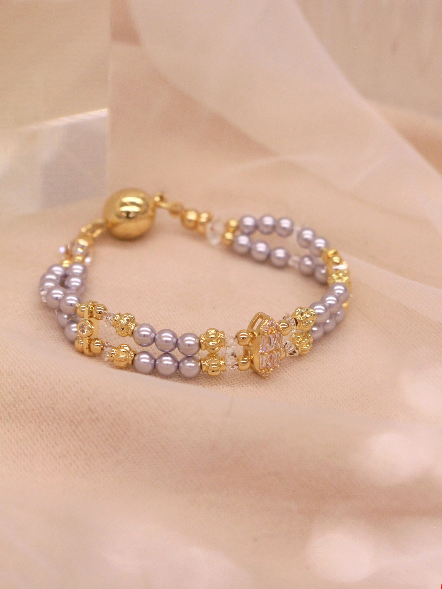 迷因佩斯。MUCHAT手作14KGP鋯石珍珠水晶手鍊