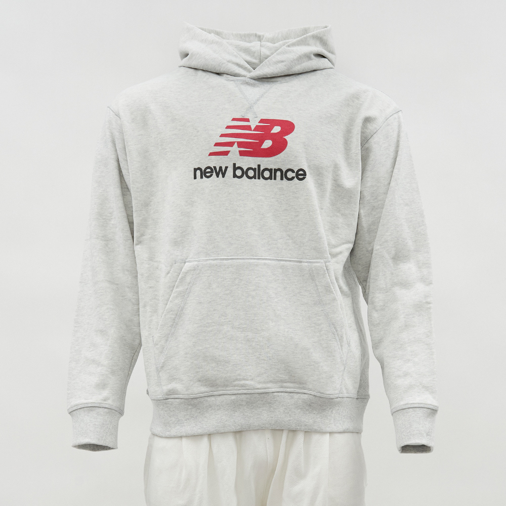 New Balance 男款 白灰色 休閒 美規 NB字體 上衣 毛圈布 連帽 帽T 運動 長袖 MT51512AHH