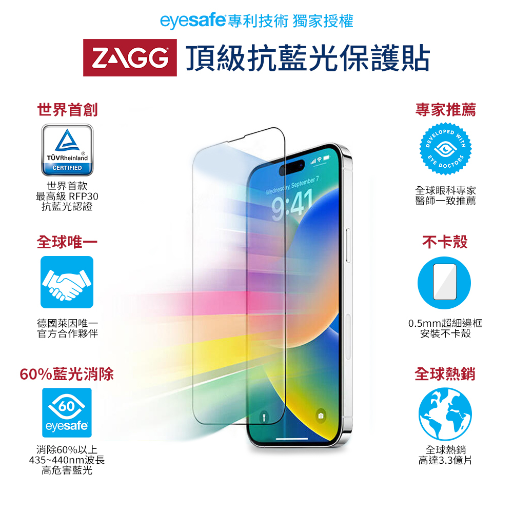【ZAGG】抗藍光保護貼 iPhone 15系列 德國萊因 雙認證 最高等級 RPF30