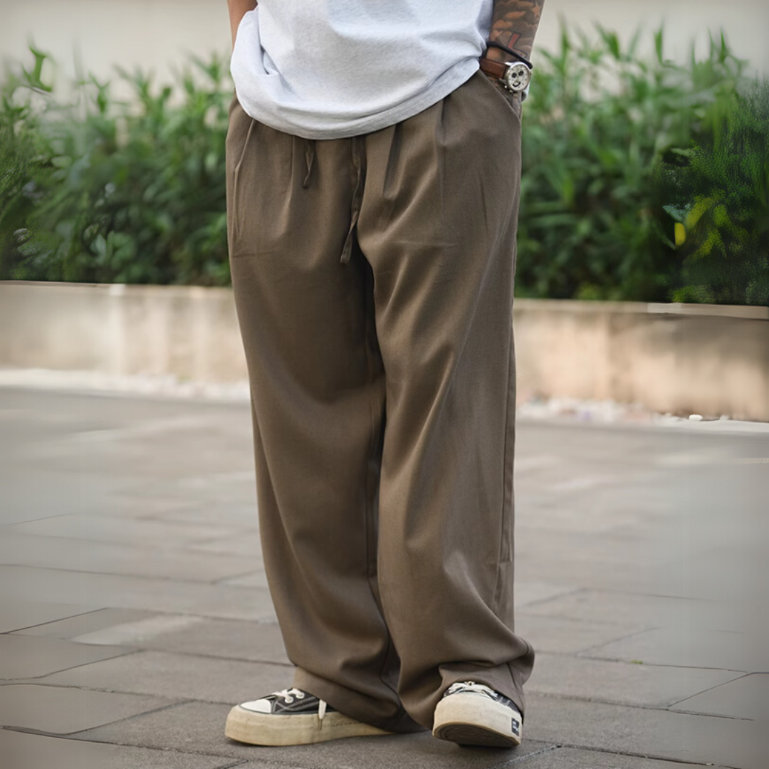 日系寬管亞麻直筒雅痞休閒褲