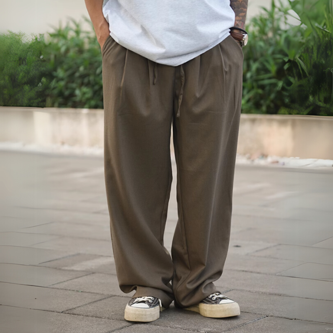 日系寬管亞麻直筒雅痞休閒褲