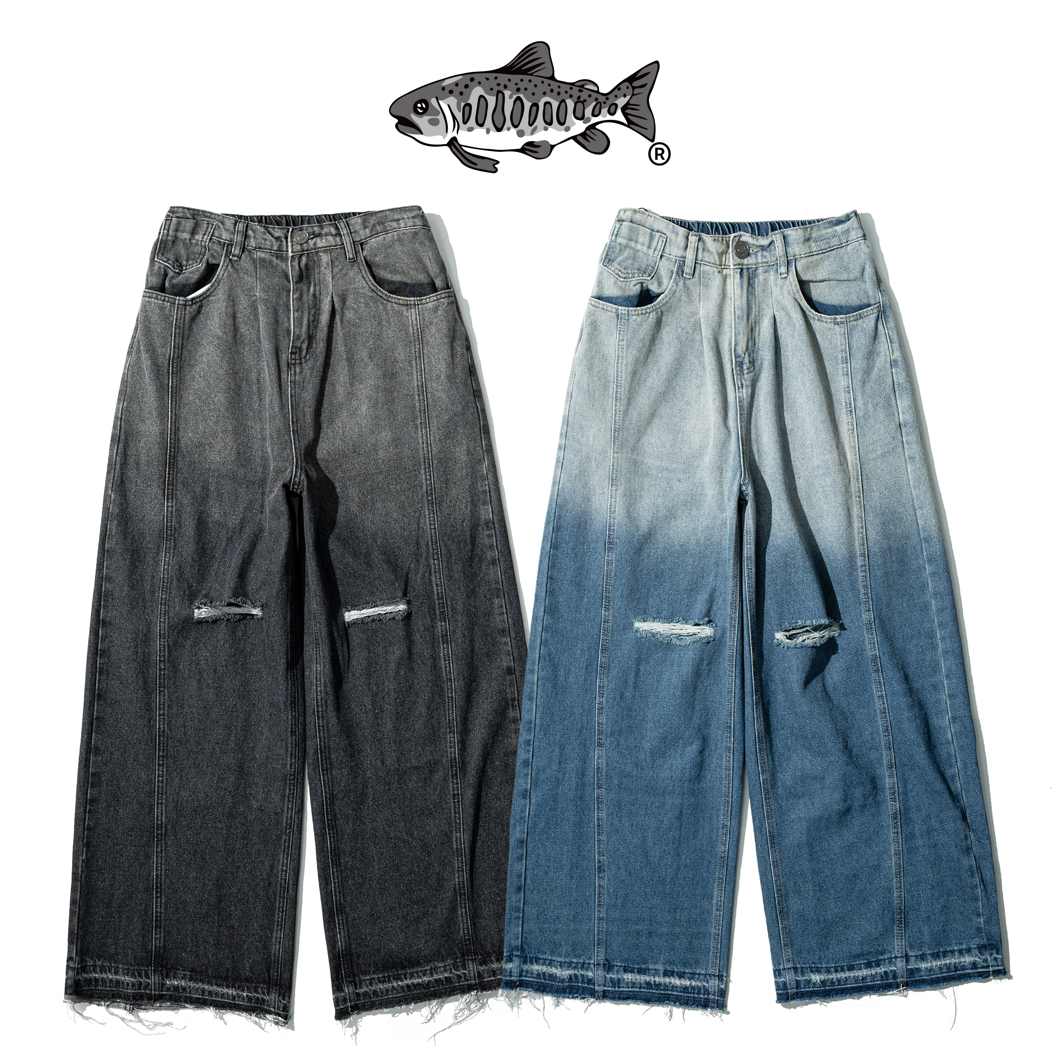 AGILITY Distressed Loose Jeans 破壞不修邊 漸層 闊腿 牛仔長褲 [LD85P]