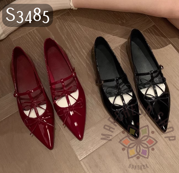 S3485 - 牛漆皮雙蝴蝶結扣帶尖頭鞋