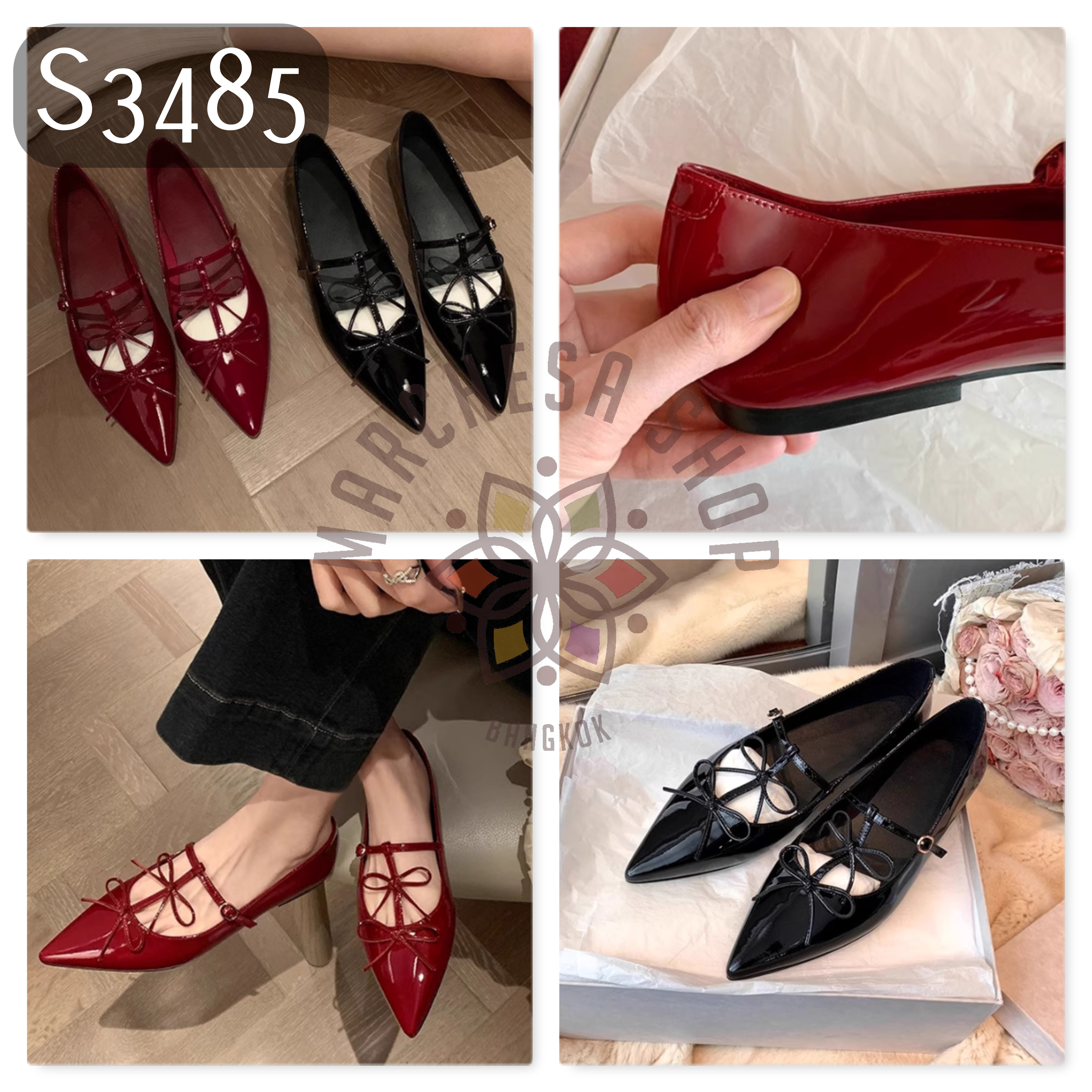 S3485 - 牛漆皮雙蝴蝶結扣帶尖頭鞋