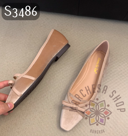 S3486 - 羊皮絲絨蝴蝶結方頭平底鞋