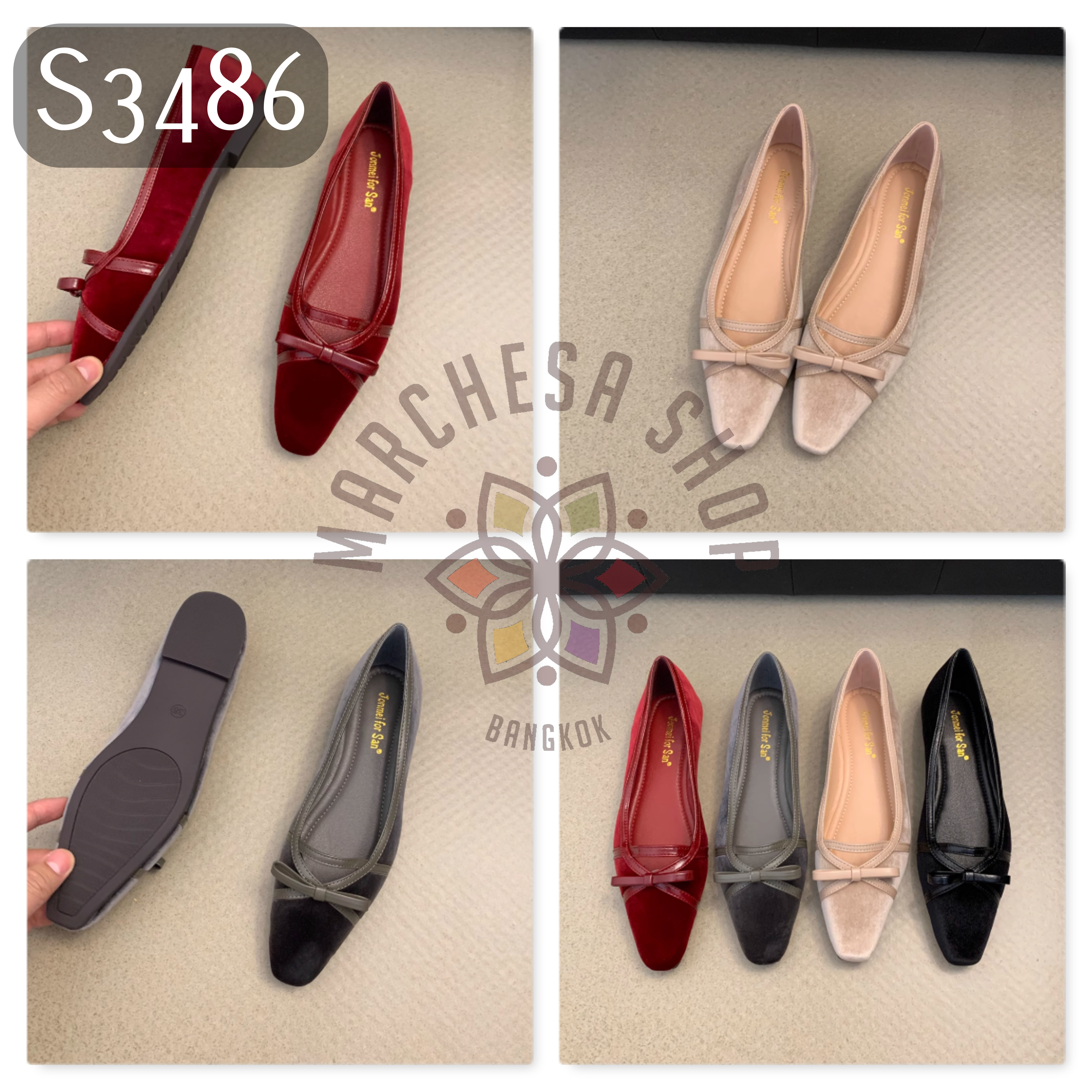 S3486 - 羊皮絲絨蝴蝶結方頭平底鞋