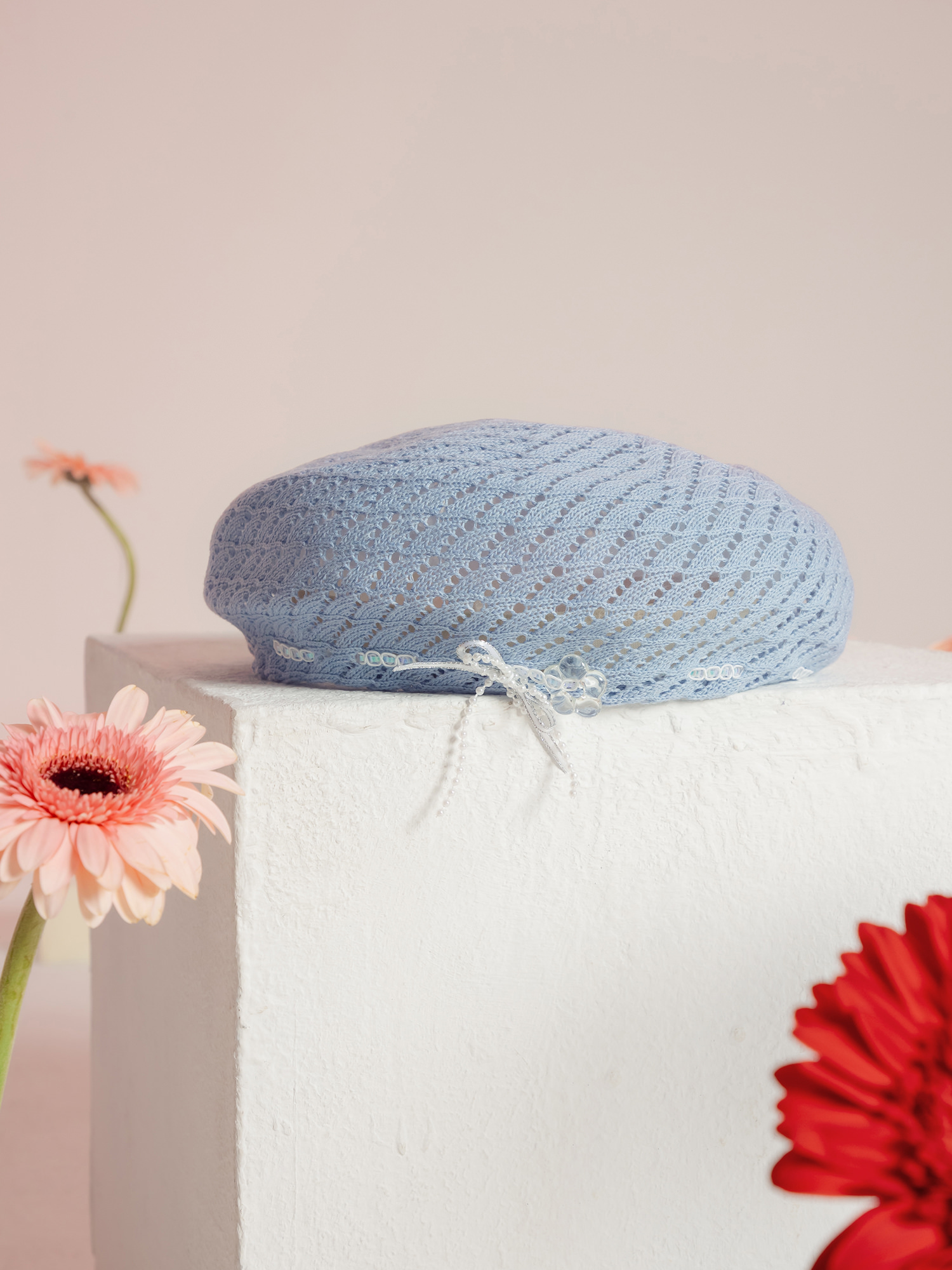 白日夢小說。MUCHAT手作蝶結花朵編織貝蕾帽