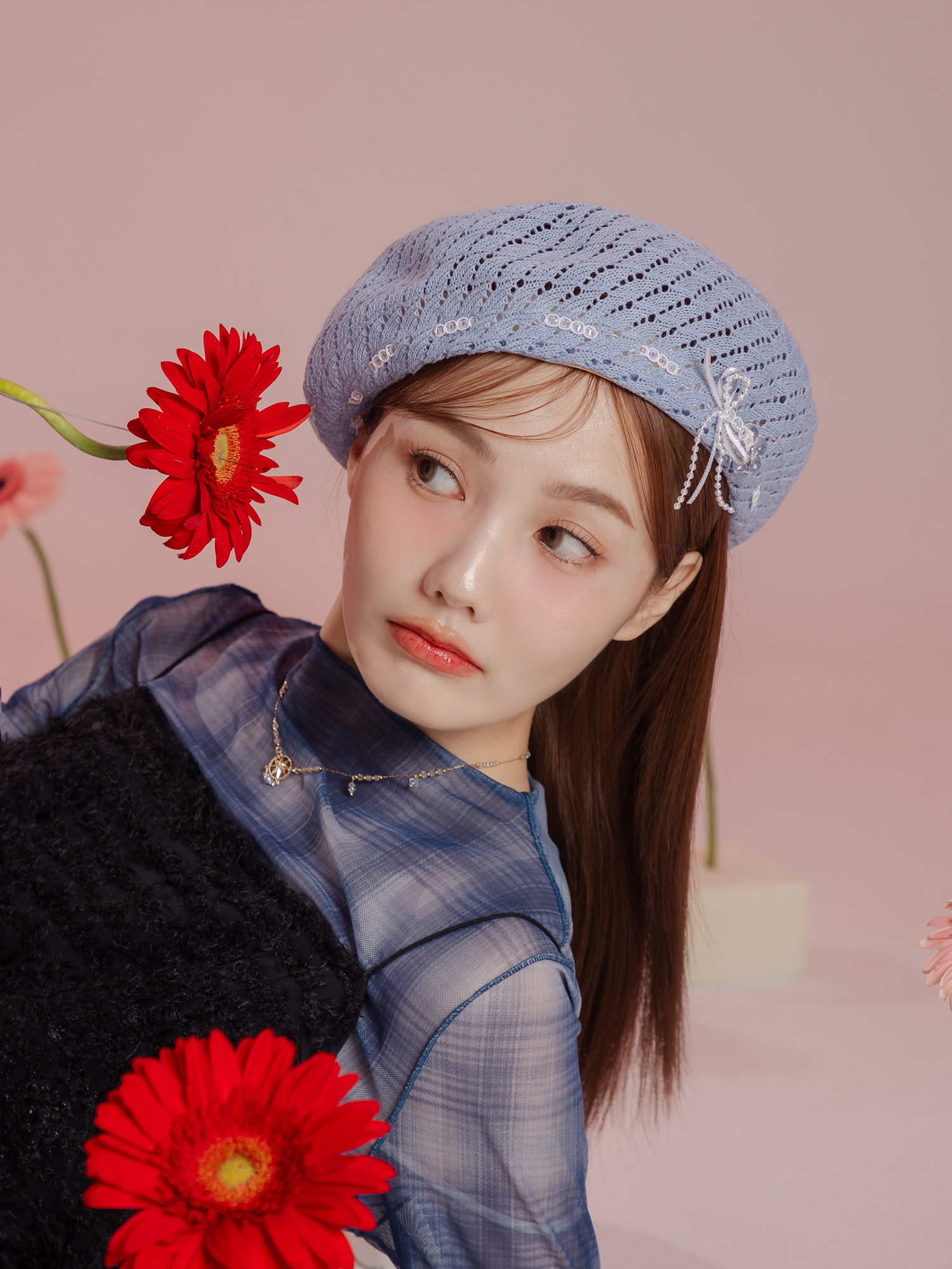 白日夢小說。MUCHAT手作蝶結花朵編織貝蕾帽