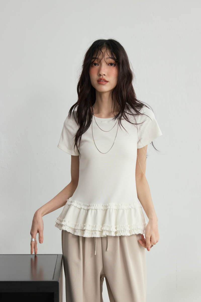 荷葉裙襬素色短袖上衣