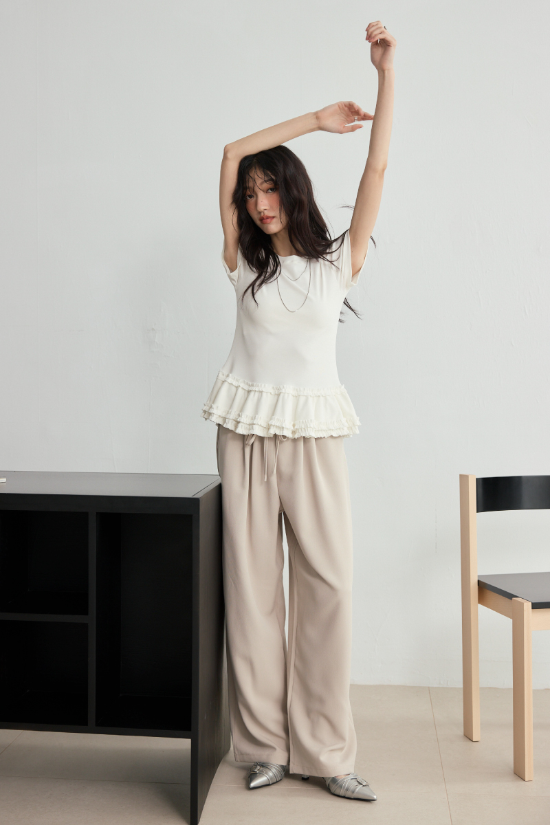 荷葉裙襬素色短袖上衣