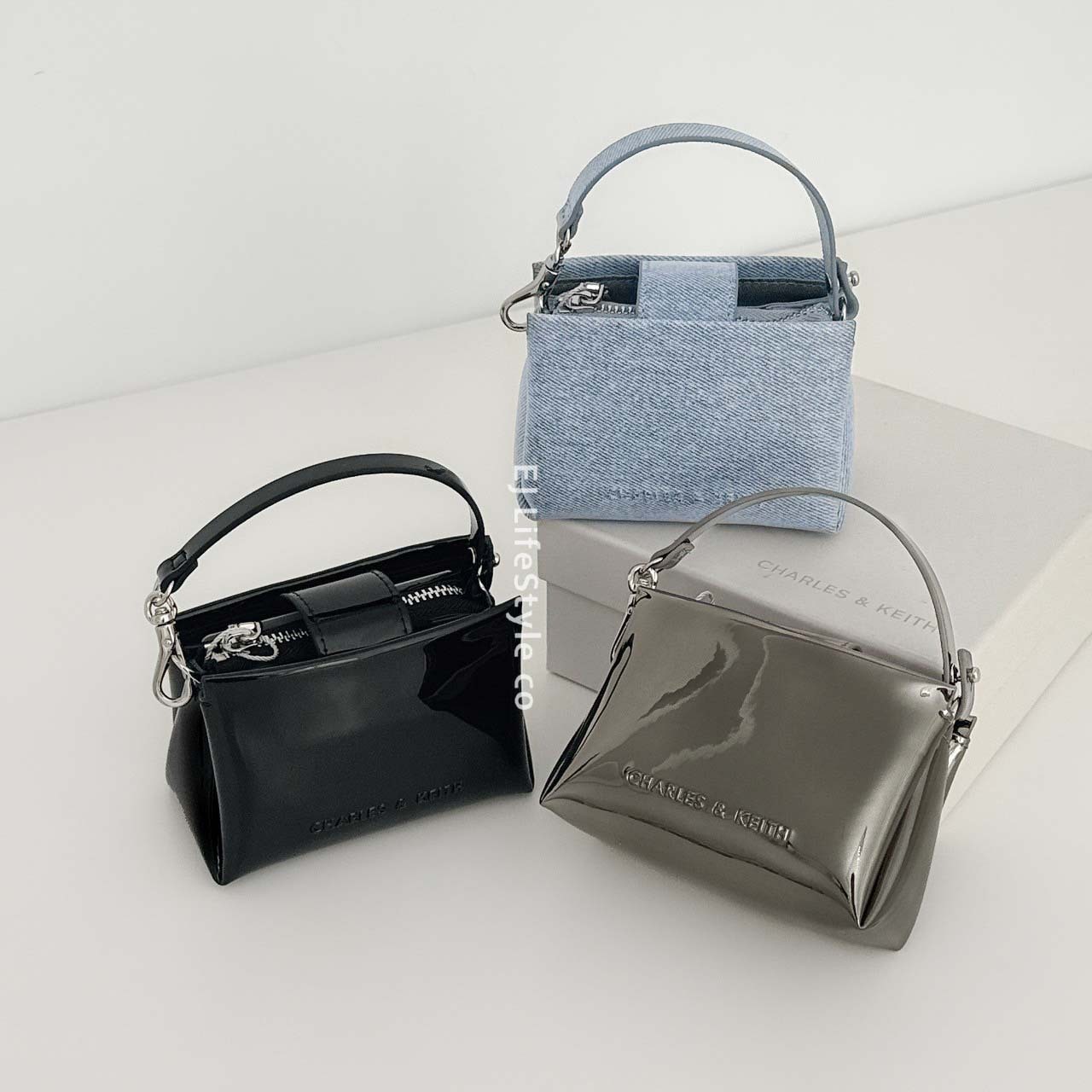 Charles & Keith 小CK Bosie 迷你風琴包 鏡面金屬 手提包 肩背包 鏈條包 / 現貨