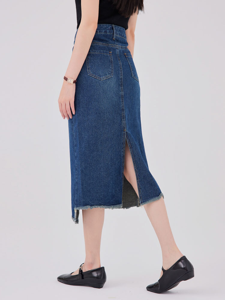 SALE500 不對稱毛邊牛仔裙