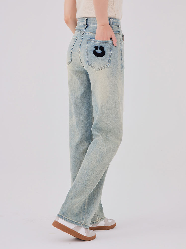 SALE800 Smile刺繡直筒牛仔褲