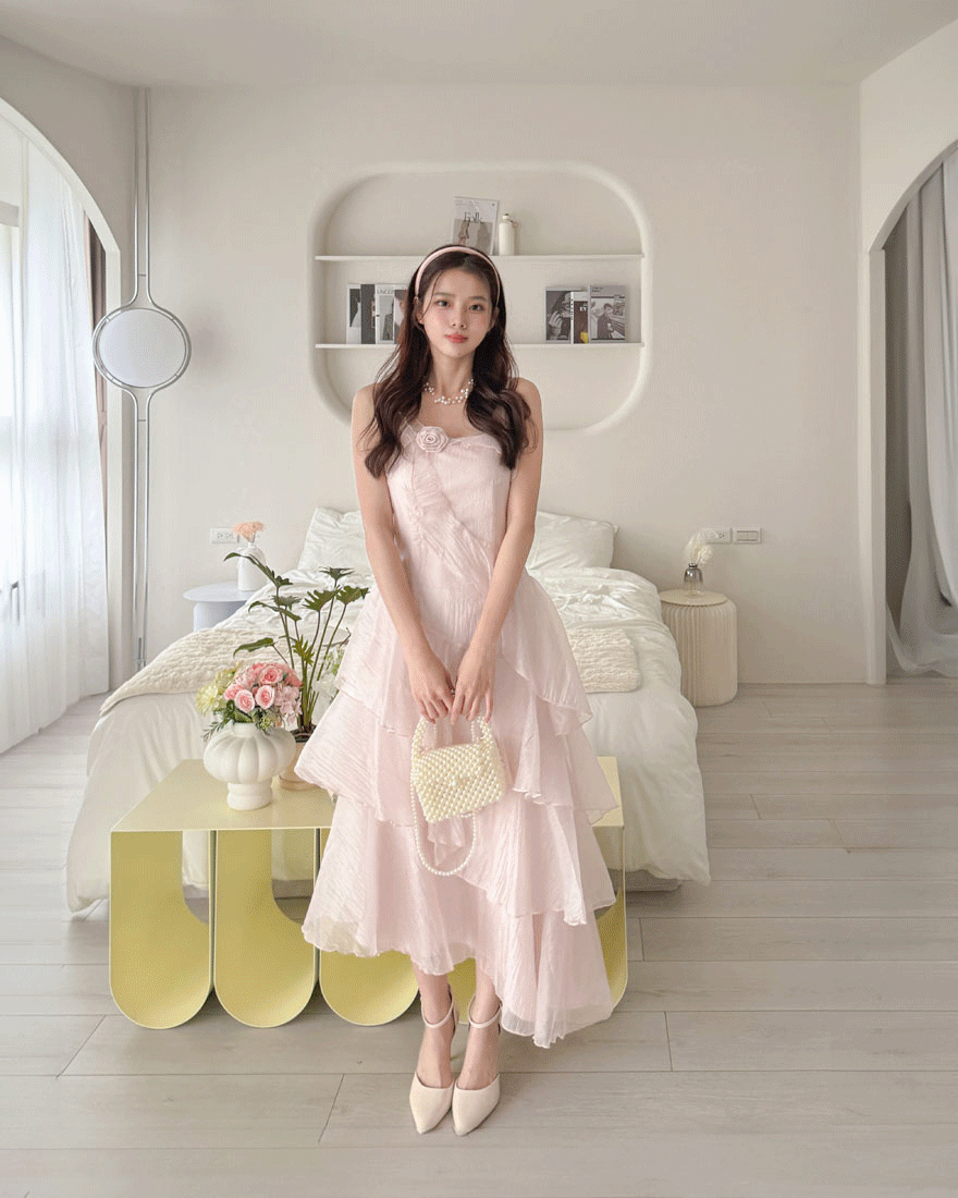 LINA LINA仙女光采玫瑰花蛋糕裙擺絲光洋裝-玫瑰粉S/M