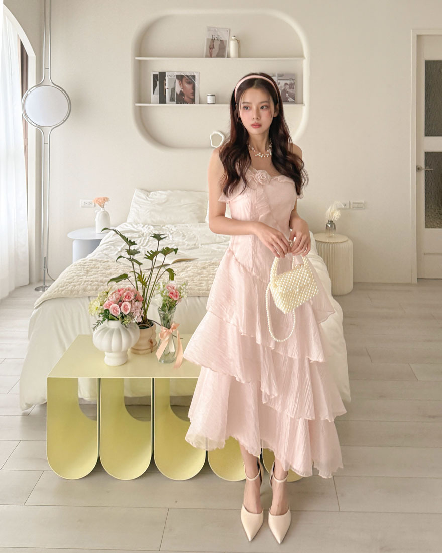 LINA LINA仙女光采玫瑰花蛋糕裙擺絲光洋裝-玫瑰粉S/M