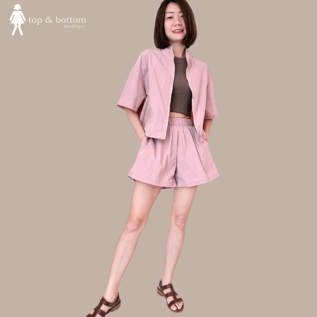 SHORT SLEEVE ZIPPED BLOUSE & SHORTS SET SUIT (2 PCS)