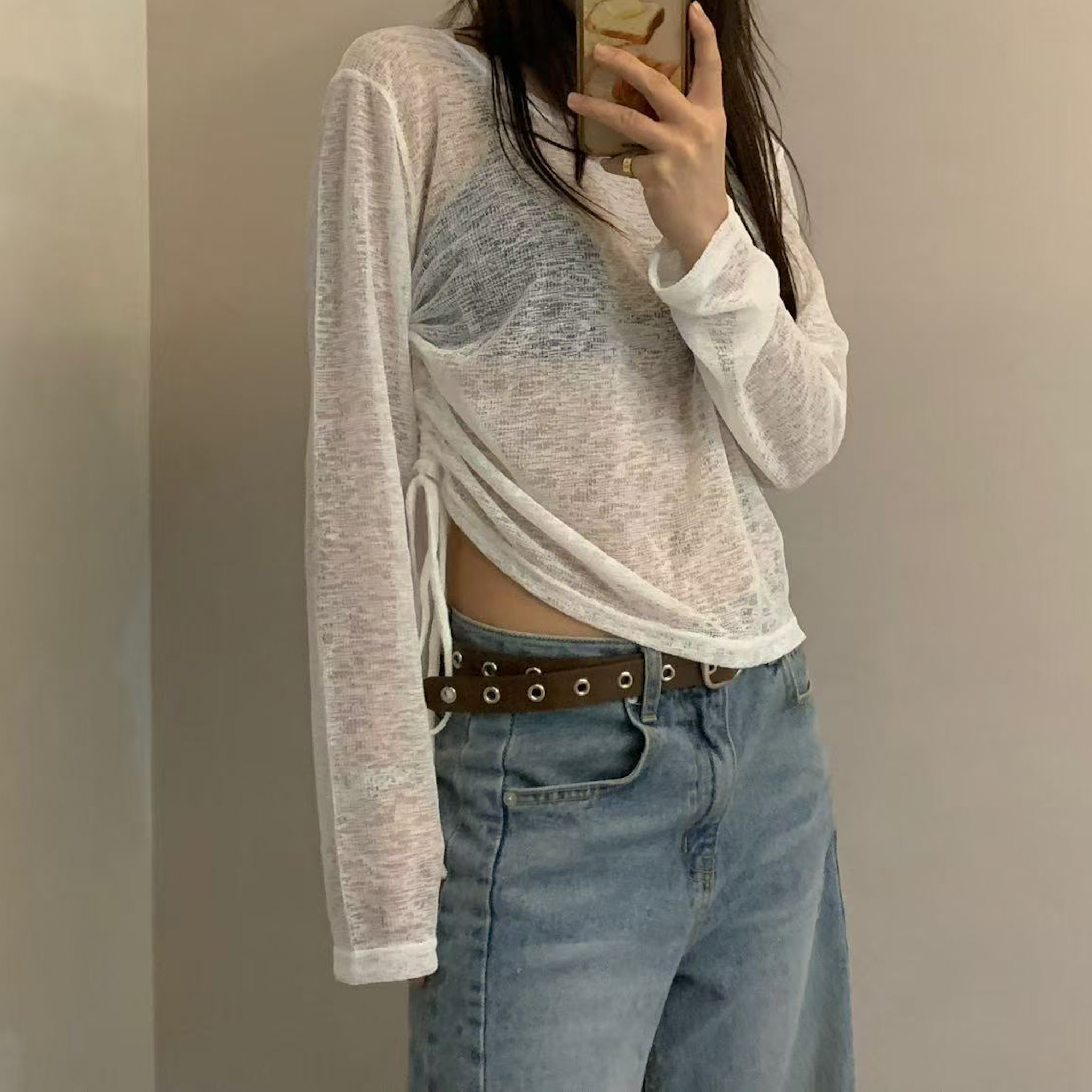 D21瑜珈可穿!超親膚單側滑料抽繩透膚上衣(黑)