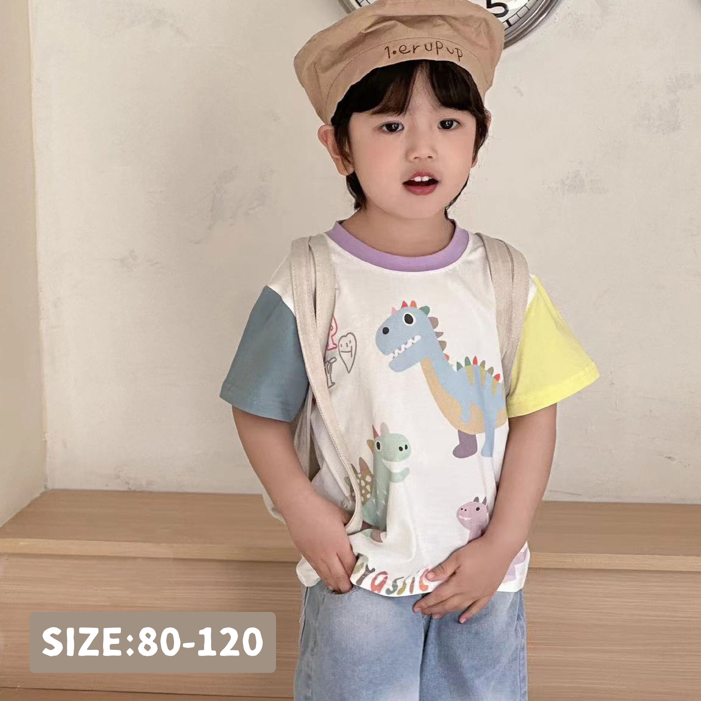 【H50293】童趣卡通恐龍雙色拼接袖上衣/短T