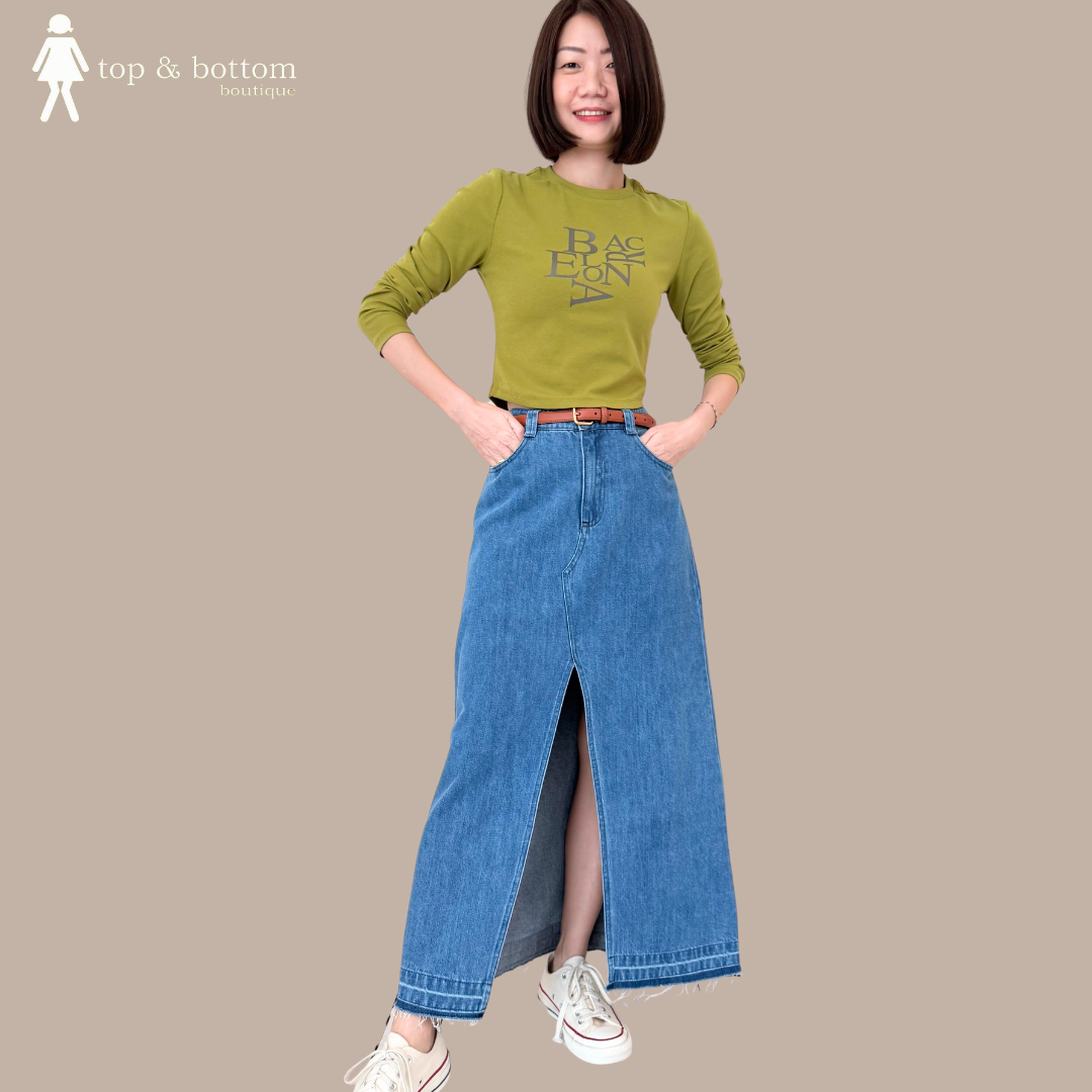 DENIM SLIT FRONT LONG PENCIL SKIRT