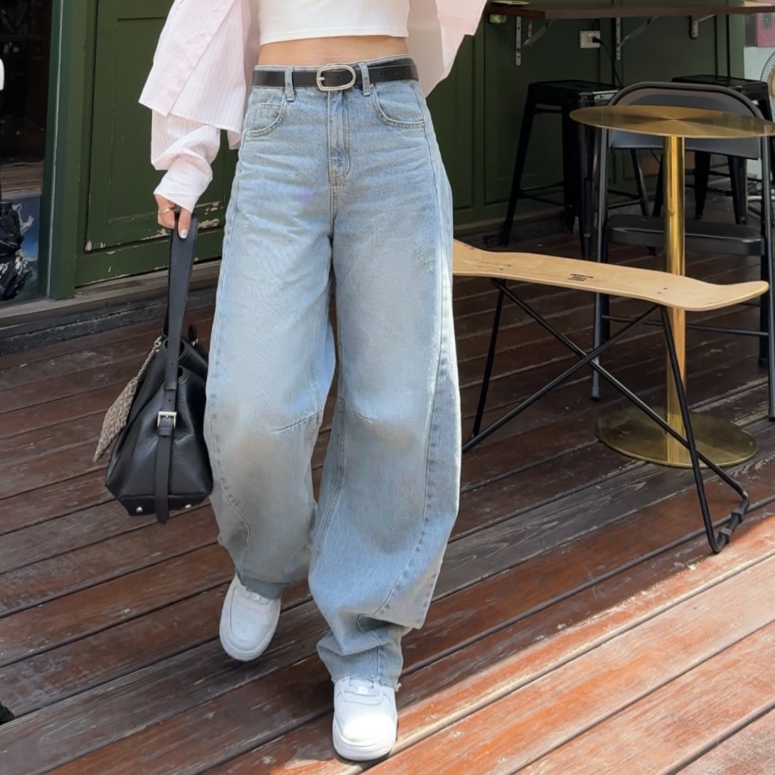 D27 闆娘自留!側設計車線廓型下縮牛仔褲(S/M)