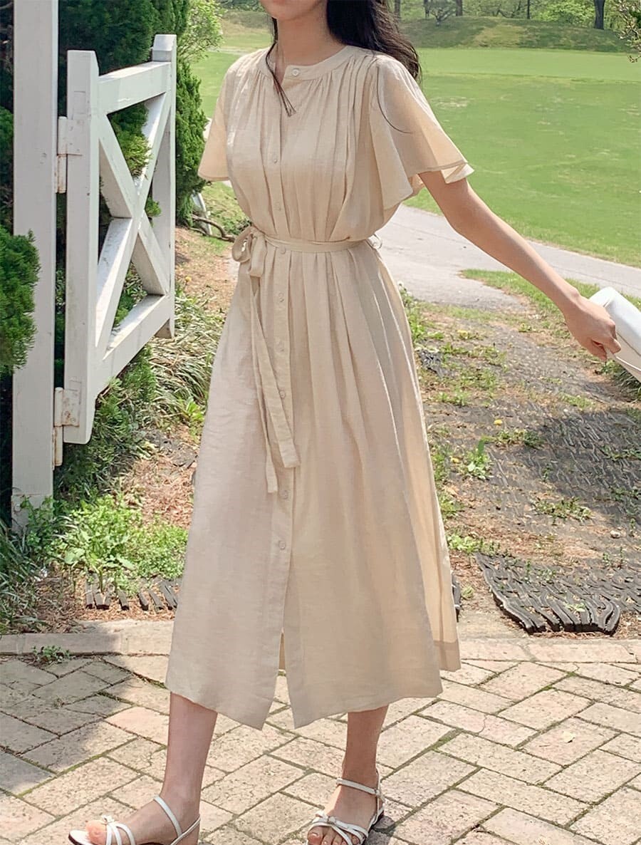 韓國Cherrykoko授權 優雅輕盈薄絲飄逸綁帶排釦洋裝