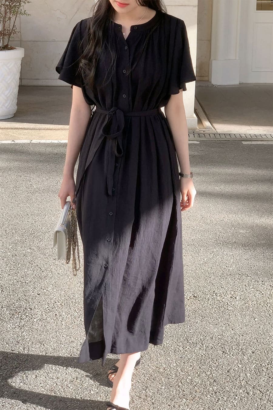 韓國Cherrykoko授權 優雅輕盈薄絲飄逸綁帶排釦洋裝