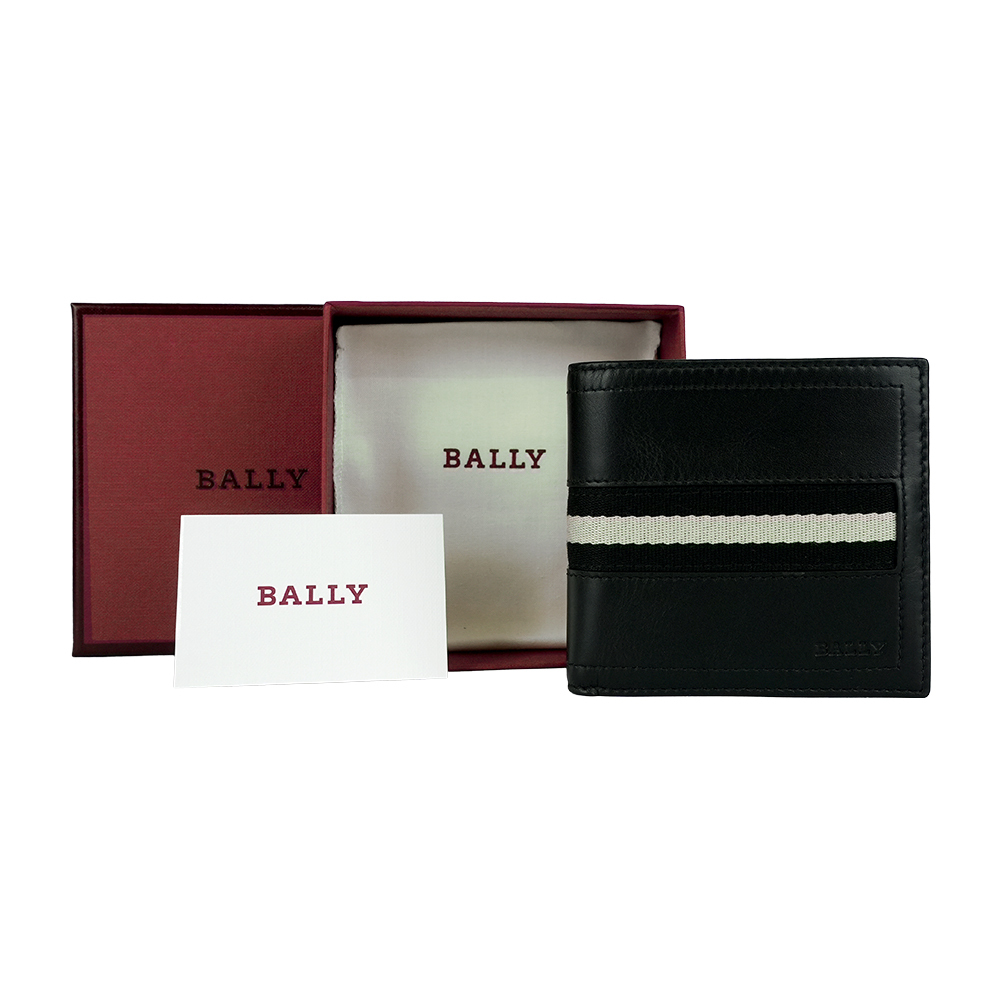 【BALLY】Tollen 黑白織帶小牛皮對開8卡短夾(黑色) 6233895