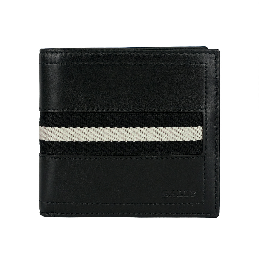 【BALLY】Tollen 黑白織帶小牛皮對開8卡短夾(黑色) 6233895