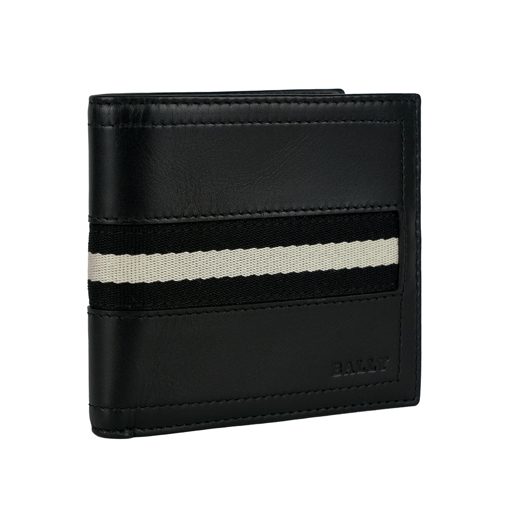 【BALLY】Tollen 黑白織帶小牛皮對開8卡短夾(黑色) 6233895
