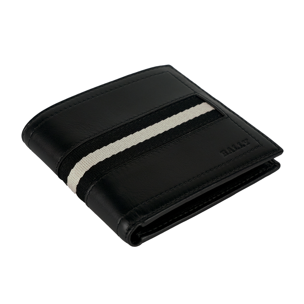 【BALLY】Tollen 黑白織帶小牛皮對開8卡短夾(黑色) 6233895