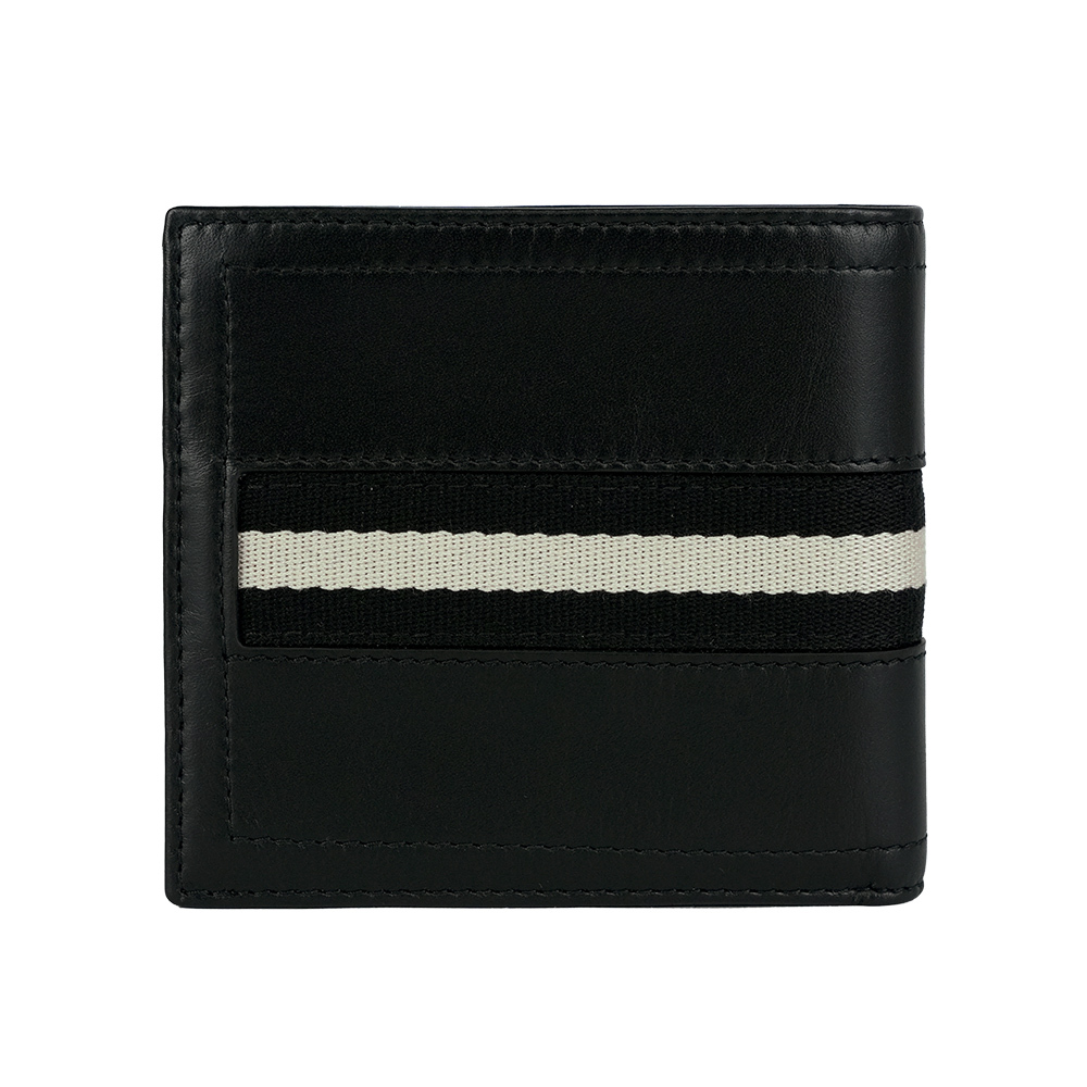 【BALLY】Tollen 黑白織帶小牛皮對開8卡短夾(黑色) 6233895