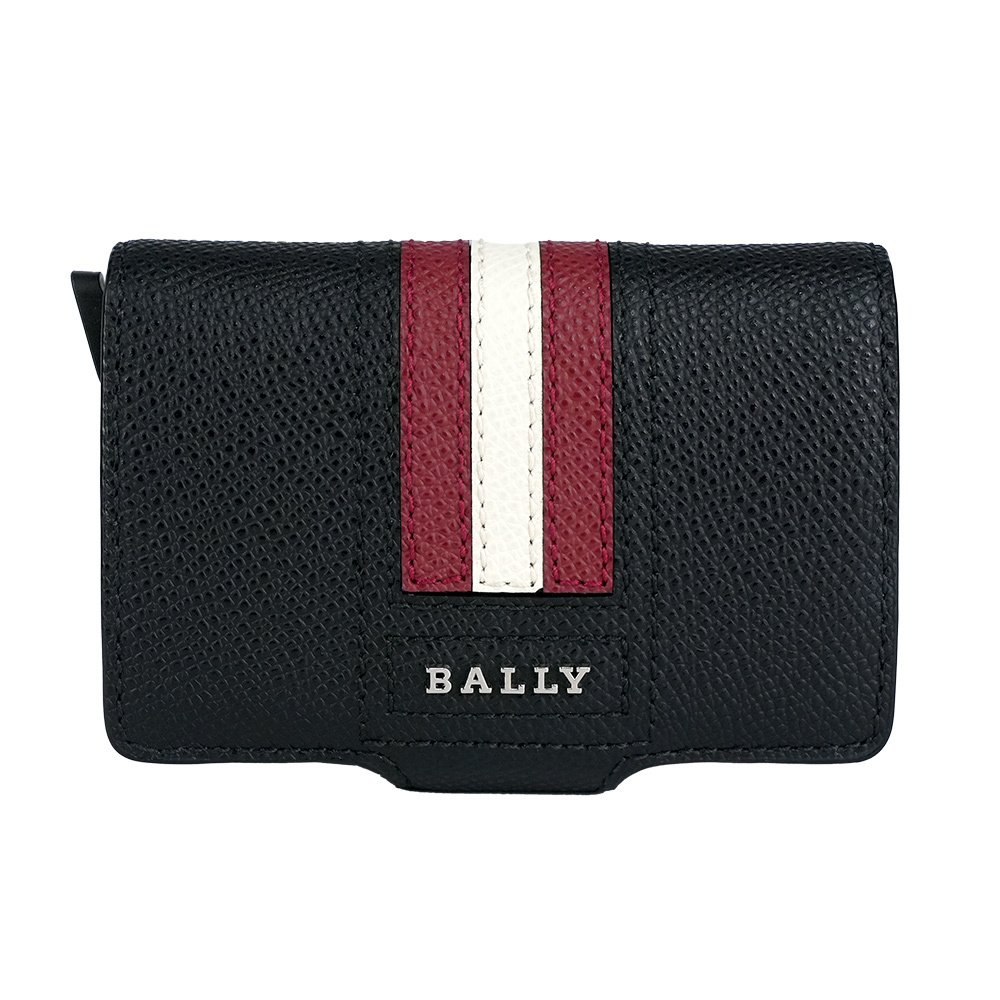 【BALLY】紅白條紋防刮皮革防盜按壓式卡夾(黑色) 6227969