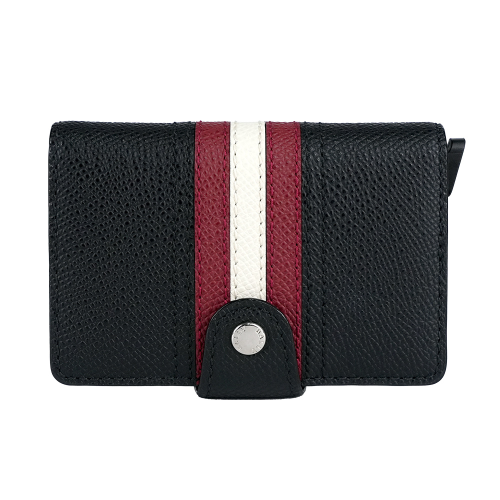 【BALLY】紅白條紋防刮皮革防盜按壓式卡夾(黑色) 6227969