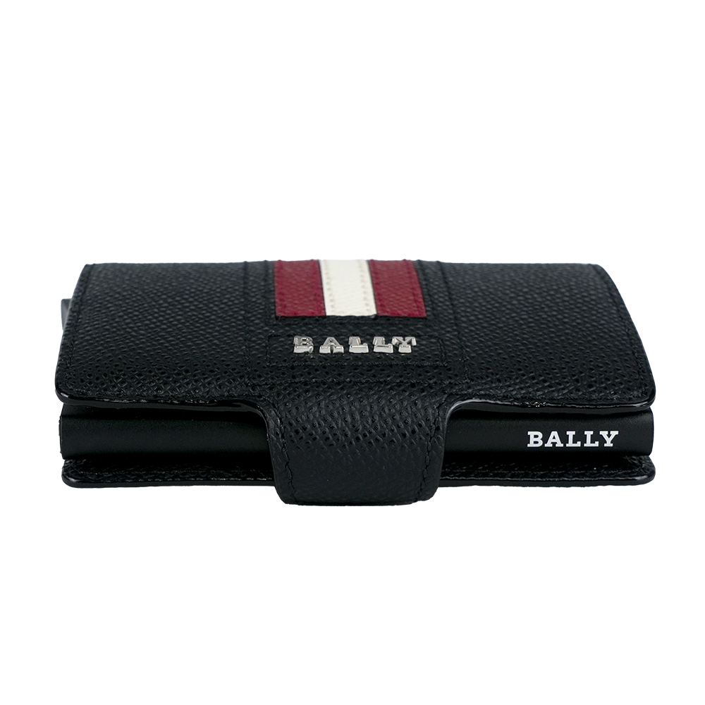 【BALLY】紅白條紋防刮皮革防盜按壓式卡夾(黑色) 6227969