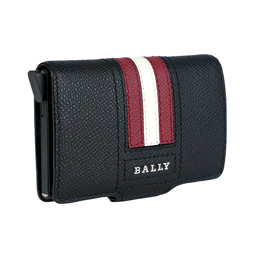 【BALLY】紅白條紋防刮皮革防盜按壓式卡夾(黑色) 6227969