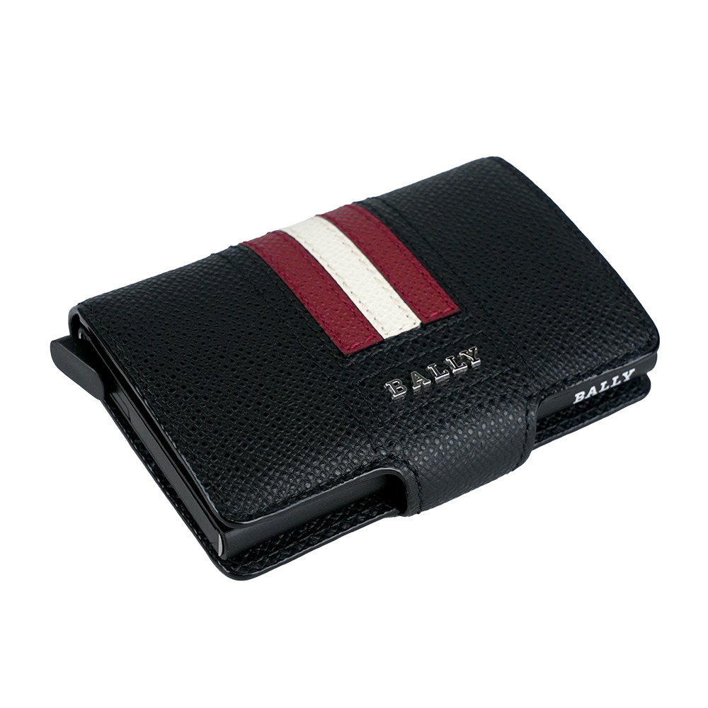 【BALLY】紅白條紋防刮皮革防盜按壓式卡夾(黑色) 6227969