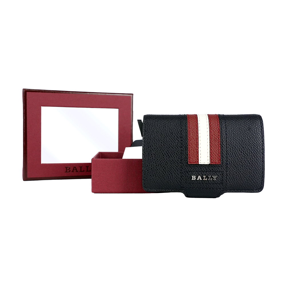 【BALLY】紅白條紋防刮皮革防盜按壓式卡夾(黑色) 6227969