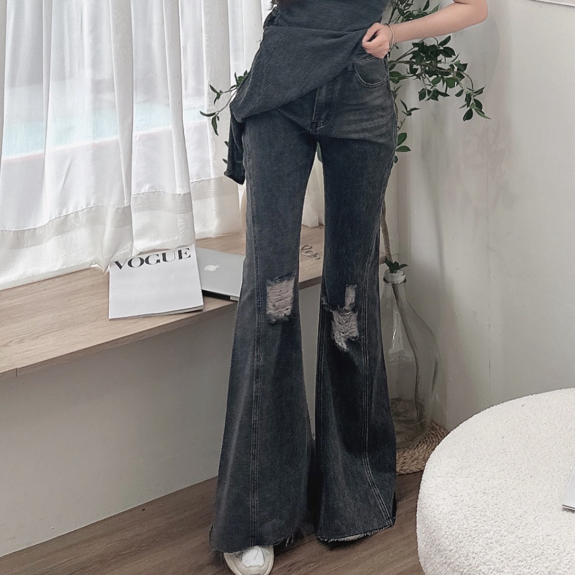 逆天長腿破損牛仔喇叭褲/二色