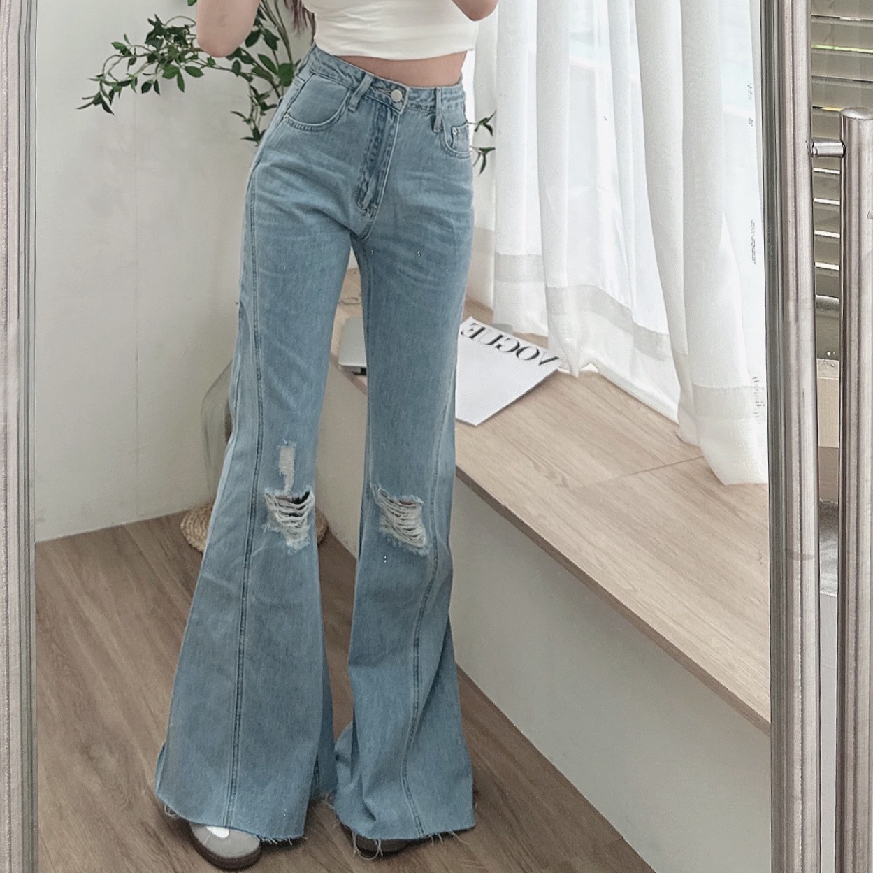 逆天長腿破損牛仔喇叭褲/二色