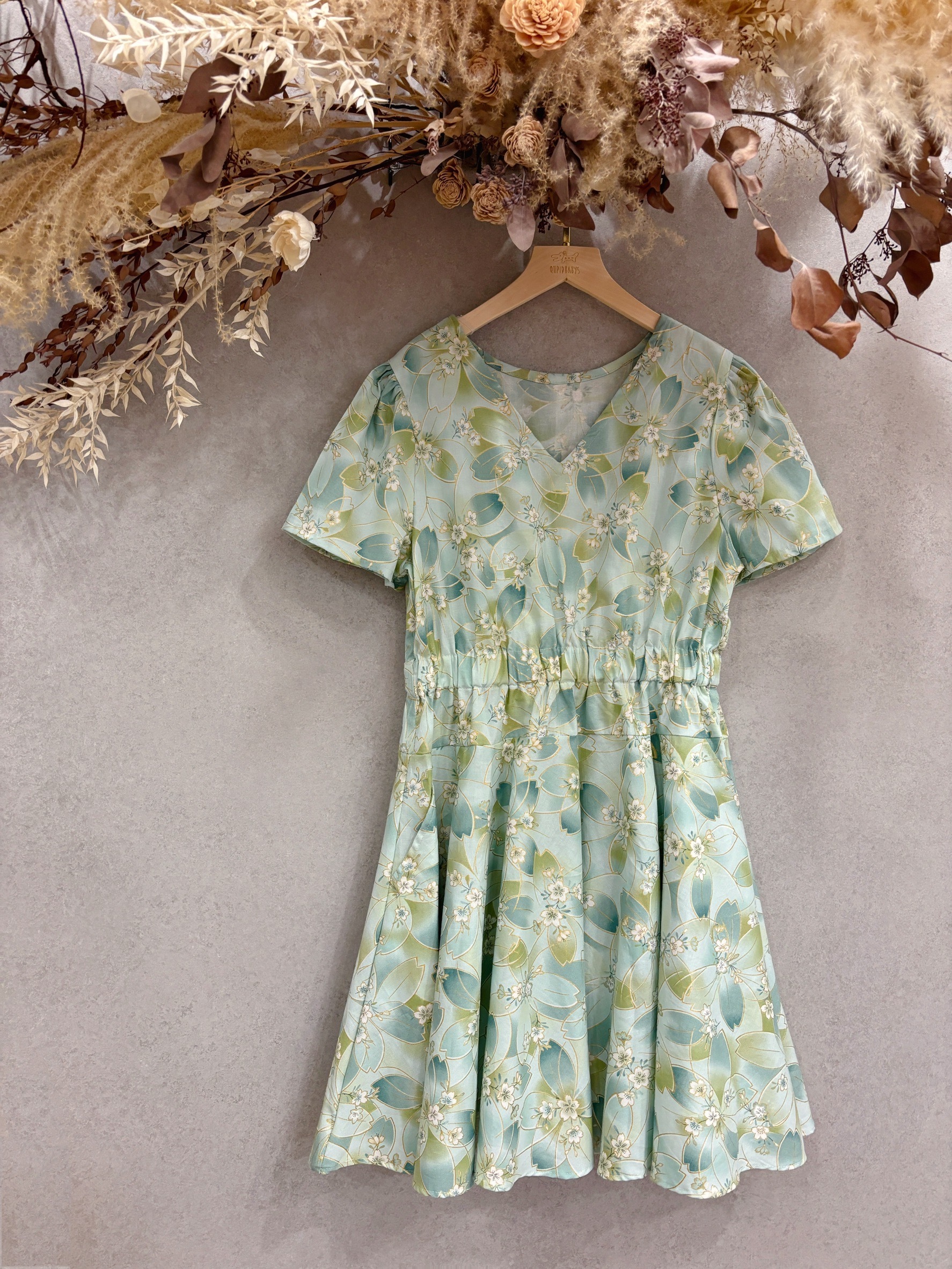 綠燙金櫻花 媽咪復古喇叭短袖短洋裝